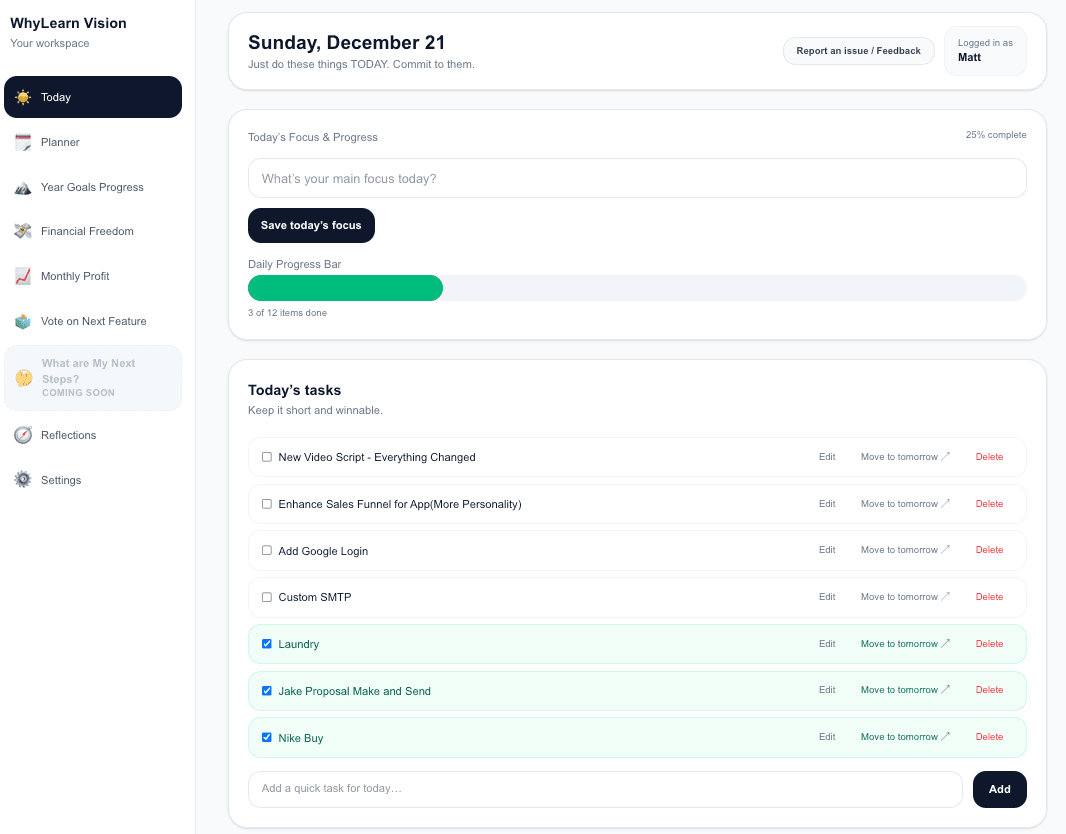 Today view tasks and focus for the day