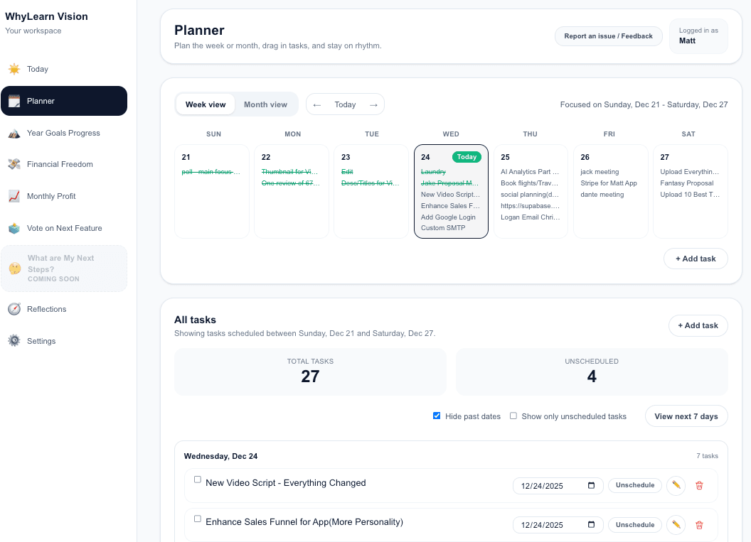 Weekly planner view with tasks scheduled